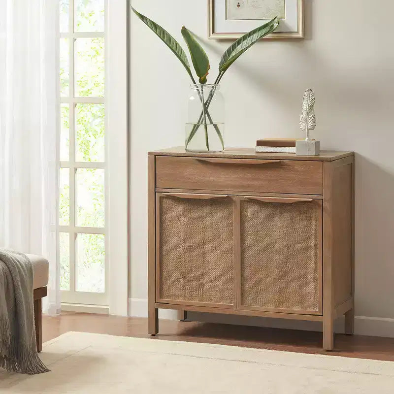 Meuble de rangement en bois avec tiroir et étagère, porte à toile de canne, 87 cm de haut