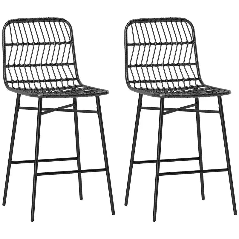 HOMCOM Rattan Counter Height Bar Stools Set of 2, 26 Wicker Barstools with Back, Bar Chairs for Kitchen Island, Kitchen Counter, Dining Room, Black