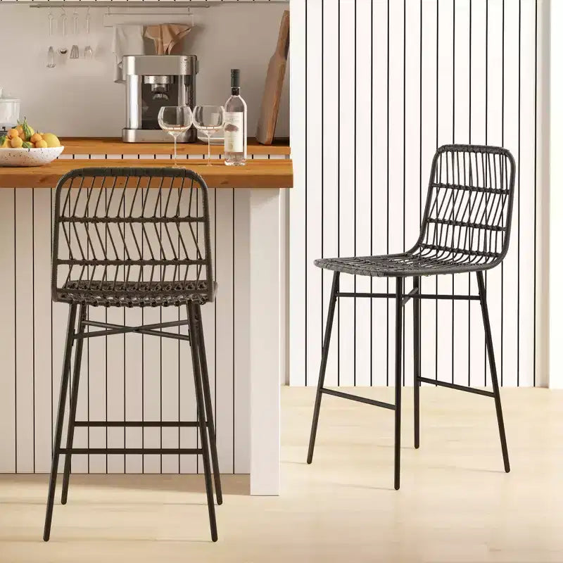 Tabourets de bar en rotin de hauteur comptoir, 26 tabourets de bar en osier avec dossier, chaises de bar pour îlot de cuisine, comptoir de cuisine, salle à manger, noir
