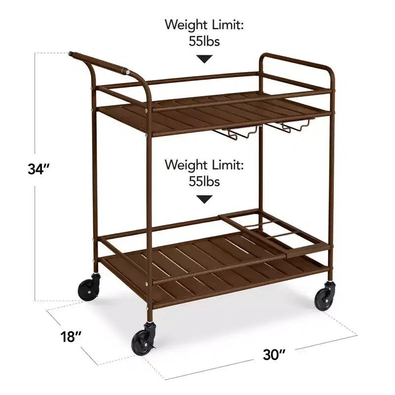 Chariot de bar roulant à 2 niveaux intérieur/extérieur avec étagères de rangement, casier à vin, roulettes verrouillables