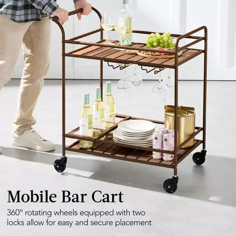 Chariot de bar roulant à 2 niveaux intérieur/extérieur avec étagères de rangement, casier à vin, roulettes verrouillables
