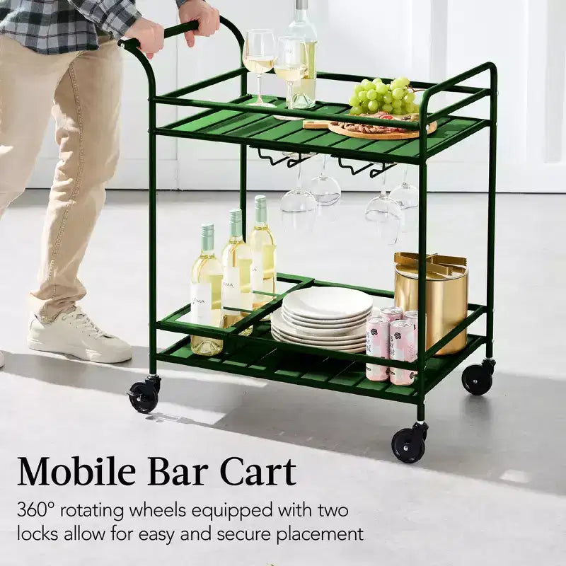 Chariot de bar roulant à 2 niveaux intérieur/extérieur avec étagères de rangement, casier à vin, roulettes verrouillables