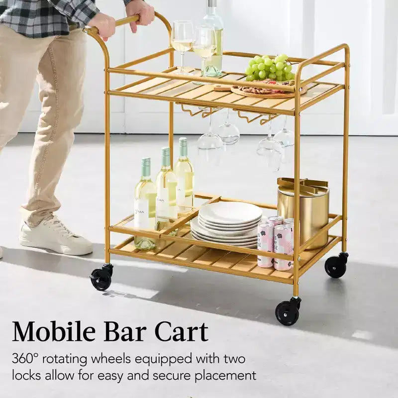 Chariot de bar roulant à 2 niveaux intérieur/extérieur avec étagères de rangement, casier à vin, roulettes verrouillables