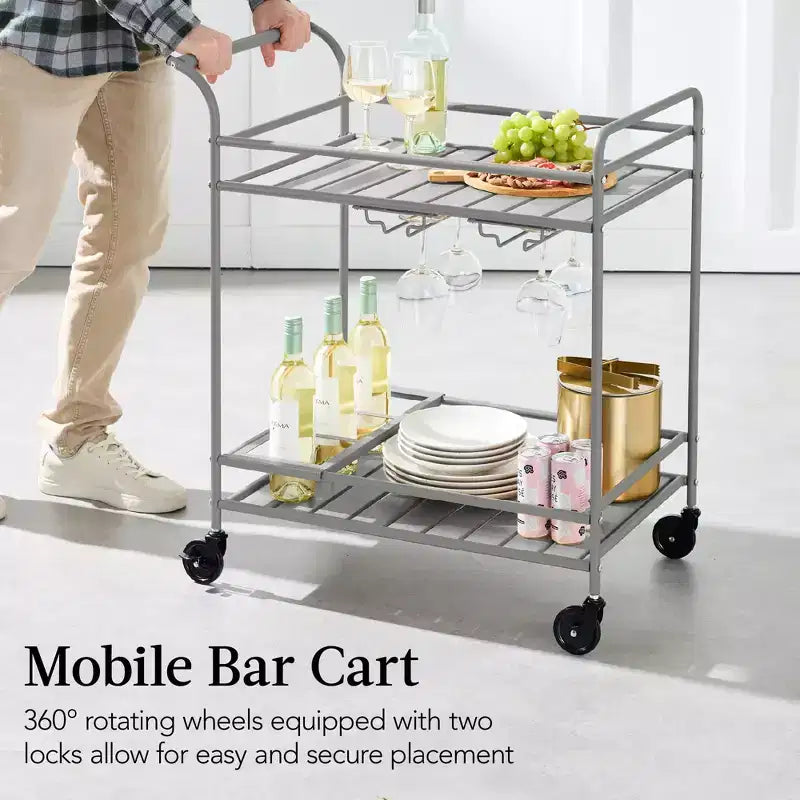 Chariot de bar roulant à 2 niveaux intérieur/extérieur avec étagères de rangement, casier à vin, roulettes verrouillables