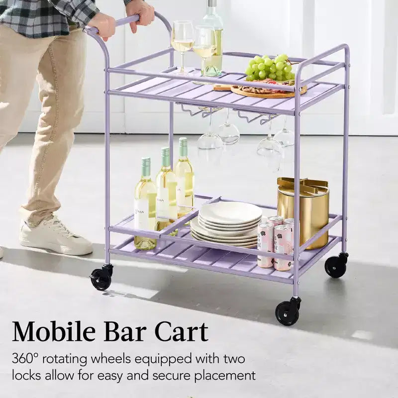 Chariot de bar roulant à 2 niveaux intérieur/extérieur avec étagères de rangement, casier à vin, roulettes verrouillables