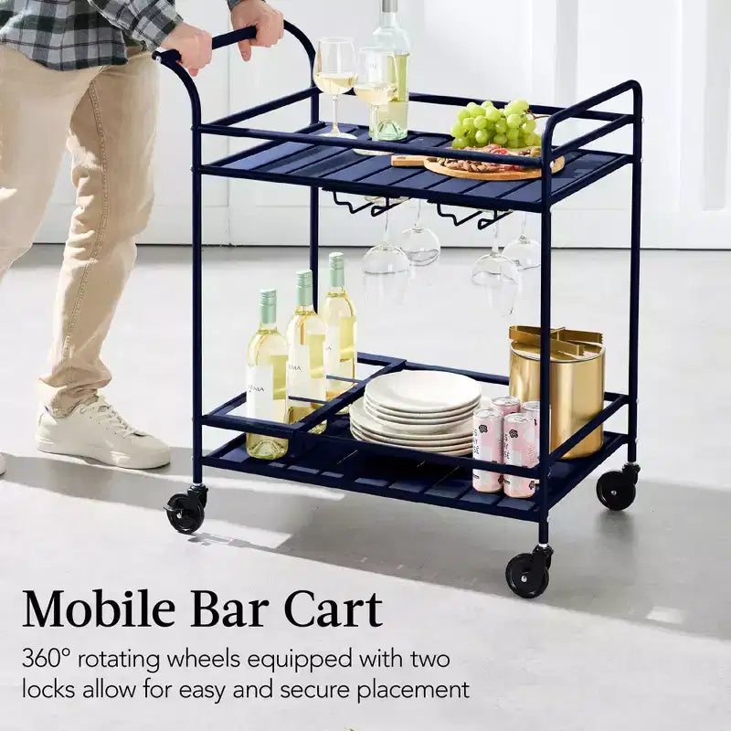 Chariot de bar roulant à 2 niveaux intérieur/extérieur avec étagères de rangement, casier à vin, roulettes verrouillables