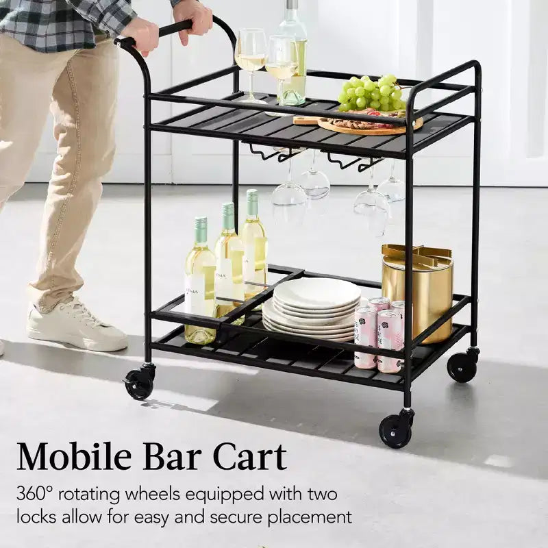 Chariot de bar roulant à 2 niveaux intérieur/extérieur avec étagères de rangement, casier à vin, roulettes verrouillables
