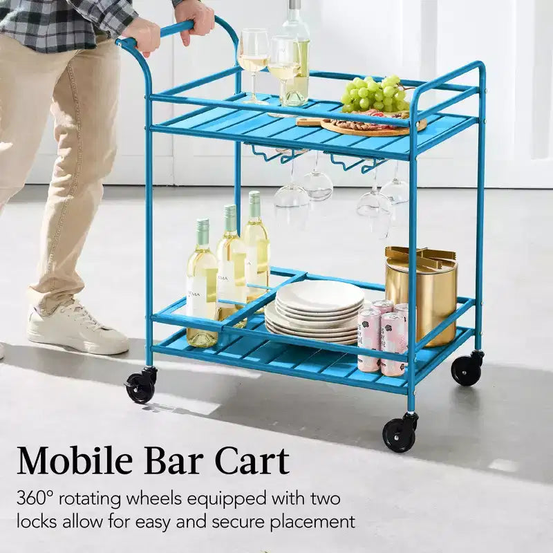 Chariot de bar roulant à 2 niveaux intérieur/extérieur avec étagères de rangement, casier à vin, roulettes verrouillables