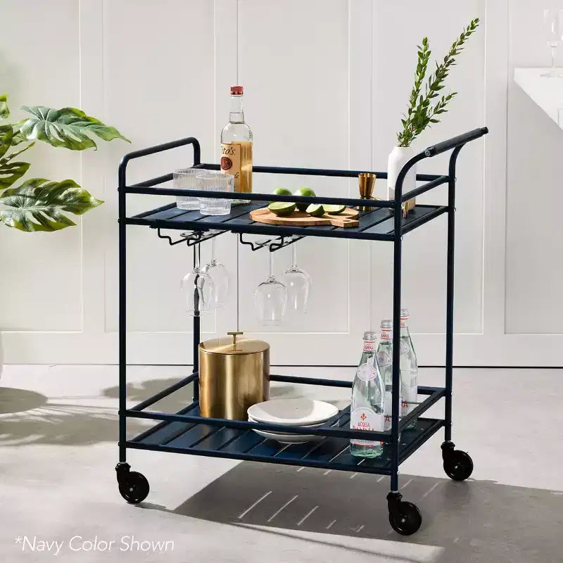 Chariot de bar roulant à 2 niveaux intérieur/extérieur avec étagères de rangement, casier à vin, roulettes verrouillables