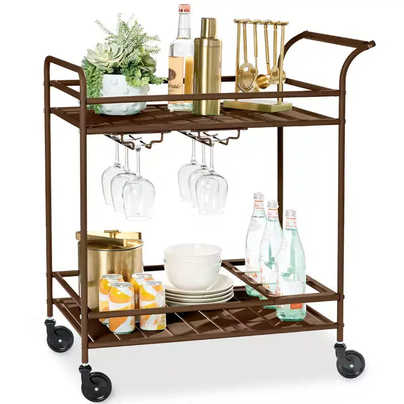 Chariot de bar roulant à 2 niveaux intérieur/extérieur avec étagères de rangement, casier à vin, roulettes verrouillables