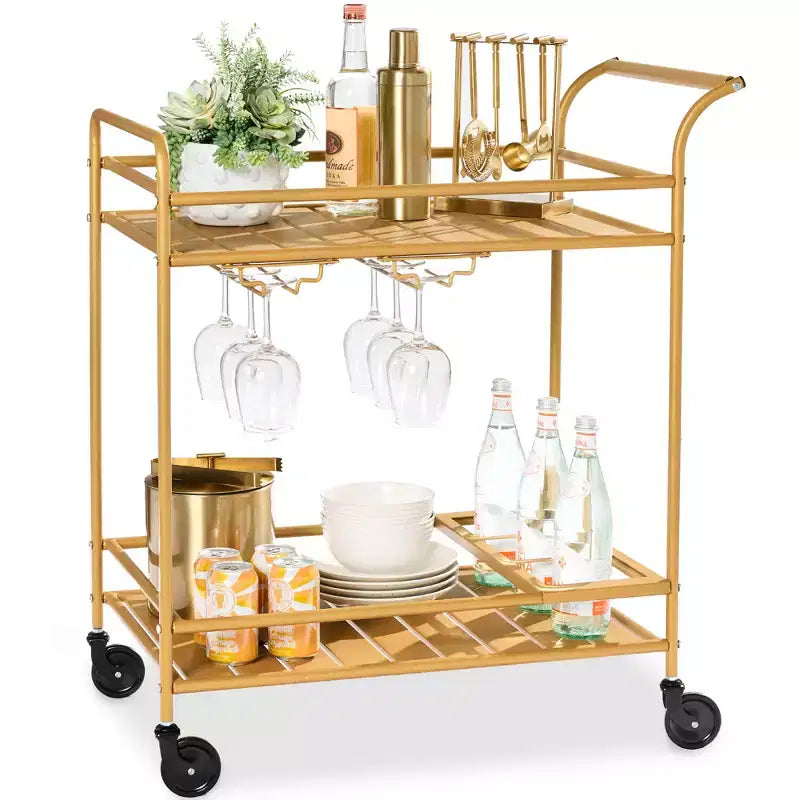 Chariot de bar roulant à 2 niveaux intérieur/extérieur avec étagères de rangement, casier à vin, roulettes verrouillables