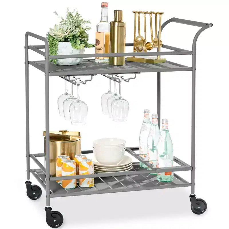 Chariot de bar roulant à 2 niveaux intérieur/extérieur avec étagères de rangement, casier à vin, roulettes verrouillables
