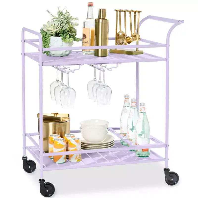 Chariot de bar roulant à 2 niveaux intérieur/extérieur avec étagères de rangement, casier à vin, roulettes verrouillables