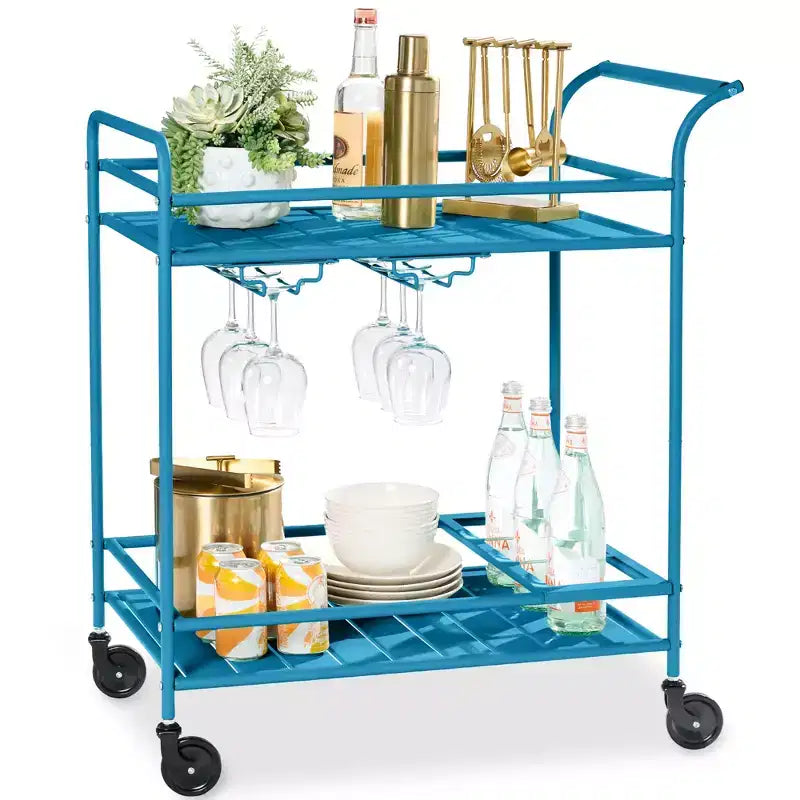 Chariot de bar roulant à 2 niveaux intérieur/extérieur avec étagères de rangement, casier à vin, roulettes verrouillables