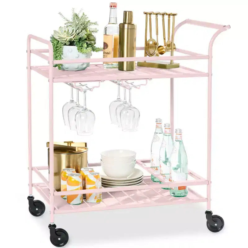 Chariot de bar roulant à 2 niveaux intérieur/extérieur avec étagères de rangement, casier à vin, roulettes verrouillables