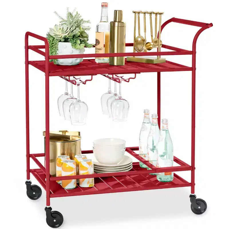 Chariot de bar roulant à 2 niveaux intérieur/extérieur avec étagères de rangement, casier à vin, roulettes verrouillables