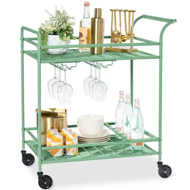 Chariot de bar roulant à 2 niveaux intérieur/extérieur avec étagères de rangement, casier à vin, roulettes verrouillables