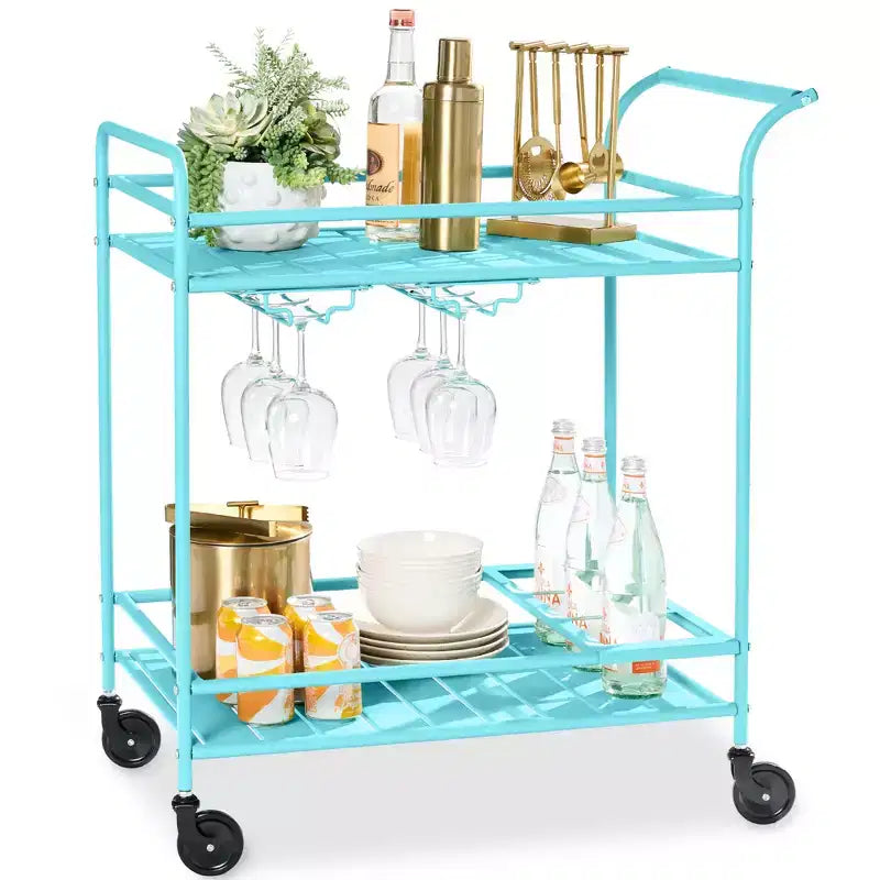 Chariot de bar roulant à 2 niveaux intérieur/extérieur avec étagères de rangement, casier à vin, roulettes verrouillables