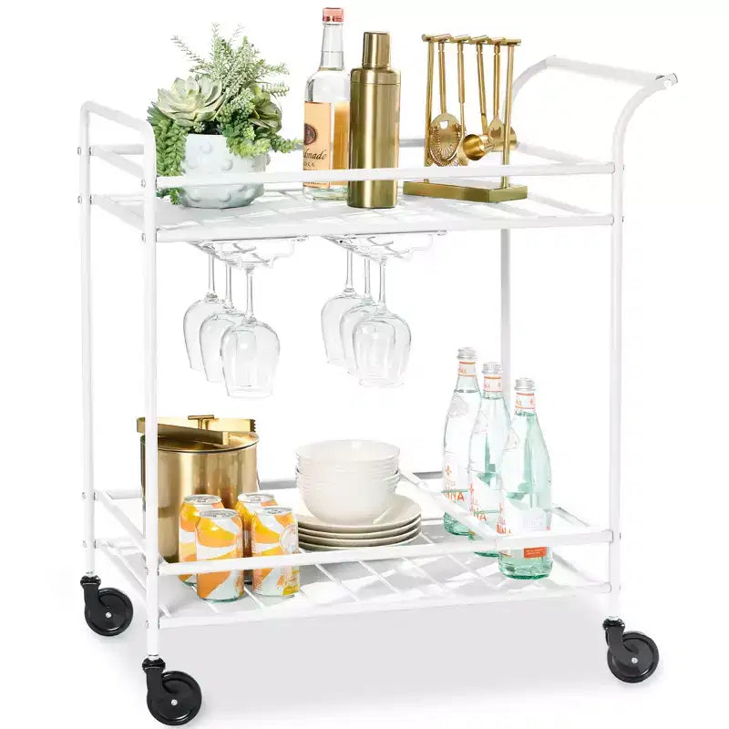 Chariot de bar roulant à 2 niveaux intérieur/extérieur avec étagères de rangement, casier à vin, roulettes verrouillables