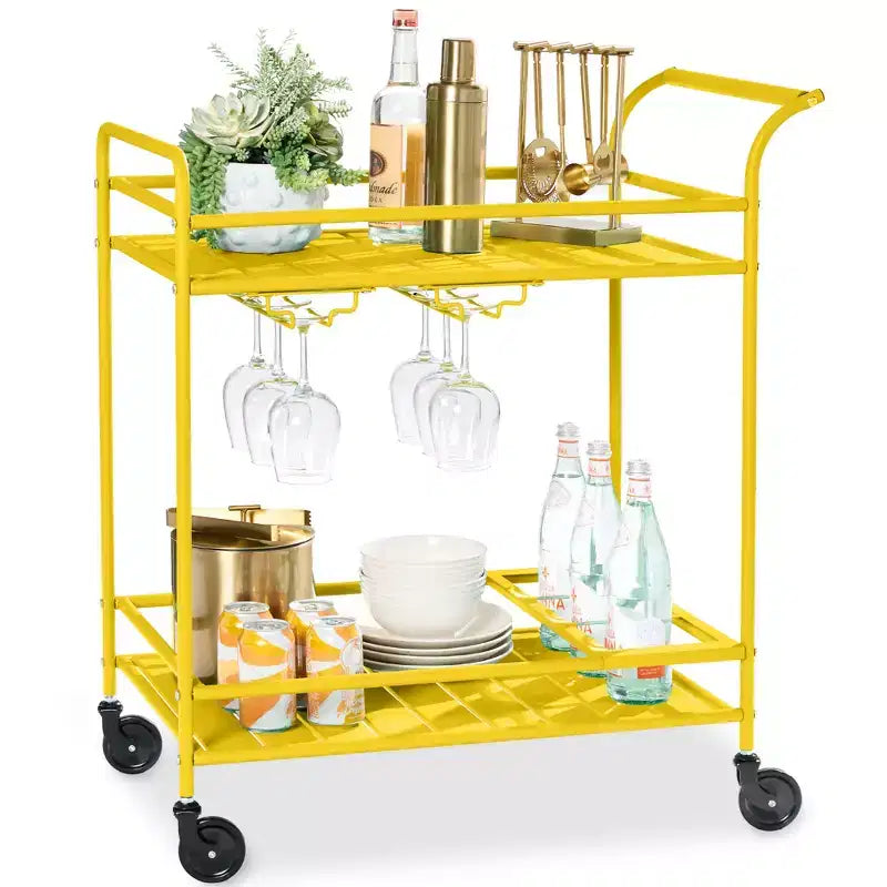 Chariot de bar roulant à 2 niveaux intérieur/extérieur avec étagères de rangement, casier à vin, roulettes verrouillables