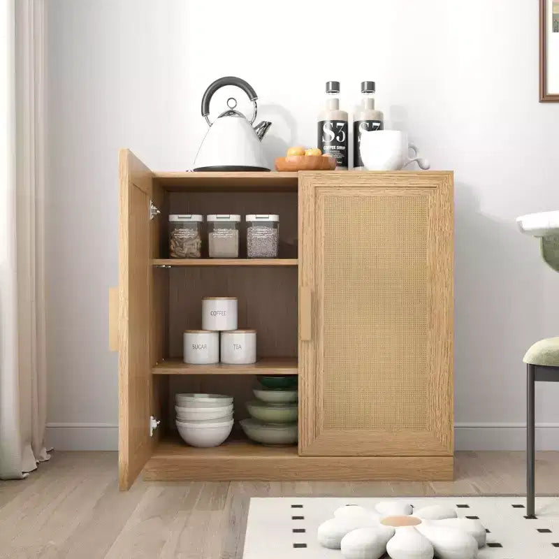Armoire de rangement en grain de bois noir (porte en osier), armoire de rangement décorative