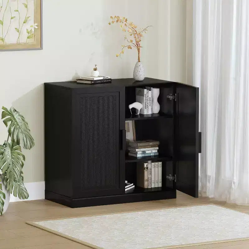 Armoire de rangement en grain de bois noir (porte en osier), armoire de rangement décorative