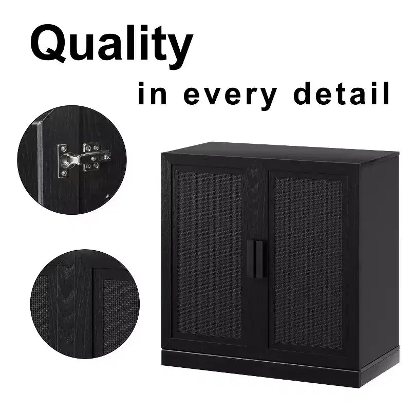 Armoire de rangement en grain de bois noir (porte en osier), armoire de rangement décorative