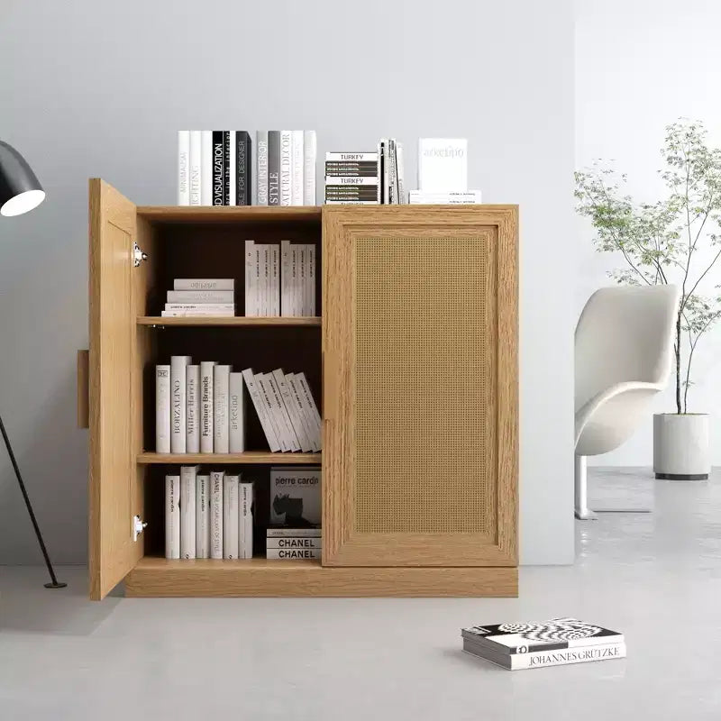 Armoire de rangement en grain de bois noir (porte en osier), armoire de rangement décorative