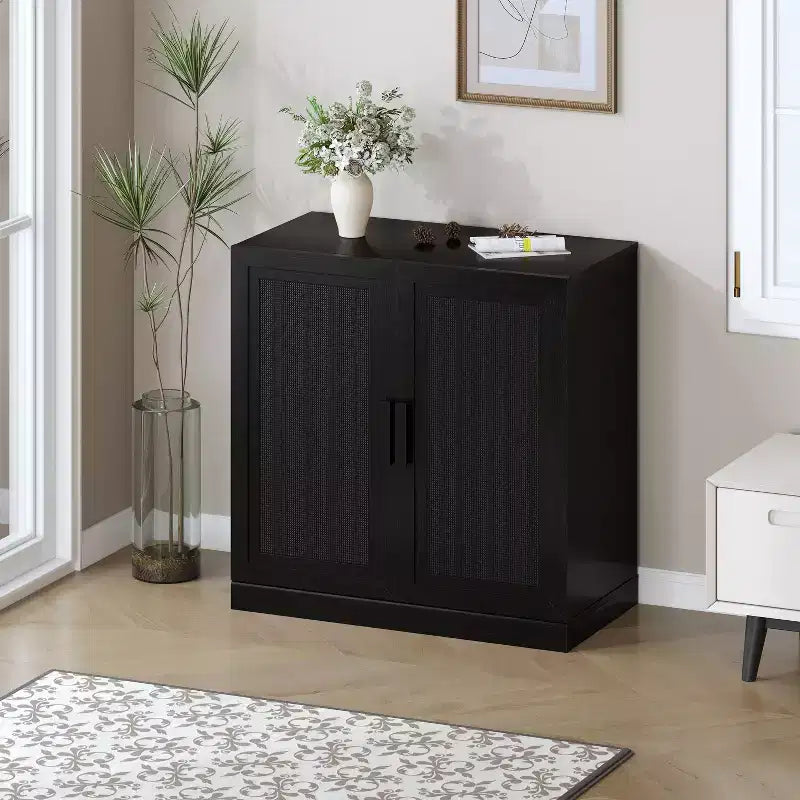 1 Piece Black Wood Grain Storage Cabinet (Wicker Door), Decorative Storage Cabinet