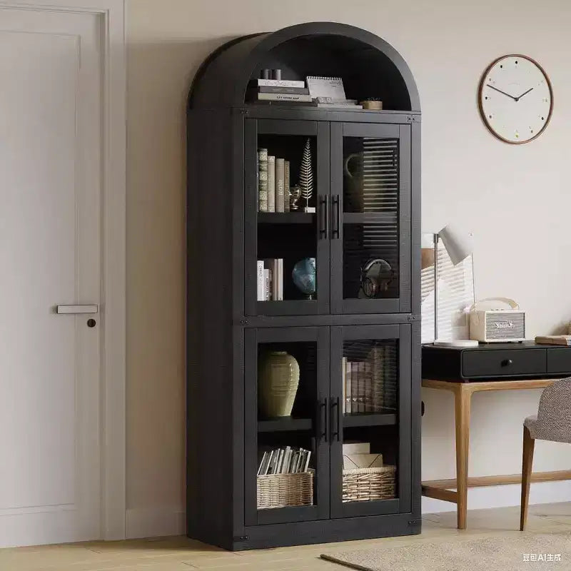 Bibliothèque en bois à arcades de 181 cm de haut avec portes, étagères arrondies style ferme pour salon, cuisine, bureau (noir)