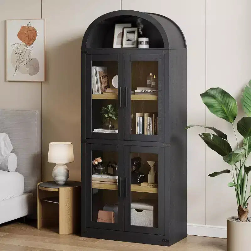 Bibliothèque en bois à arcades de 181 cm de haut avec portes, étagères arrondies style ferme pour salon, cuisine, bureau (noir)
