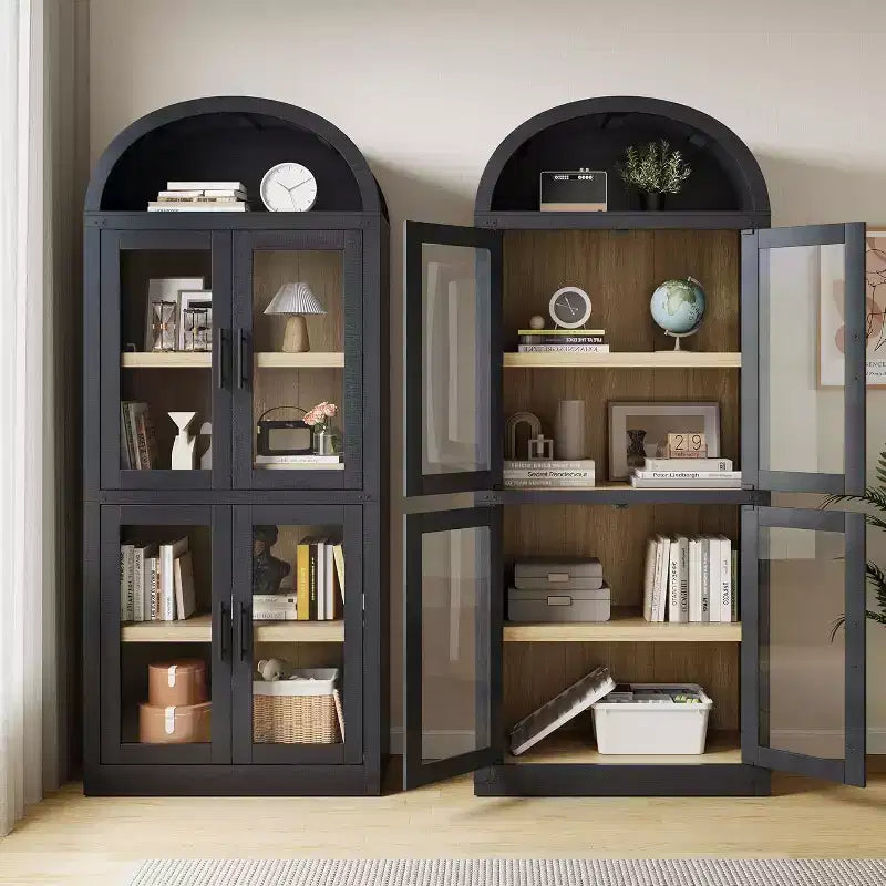 Bibliothèque en bois à arcades de 181 cm de haut avec portes, étagères arrondies style ferme pour salon, cuisine, bureau (noir)