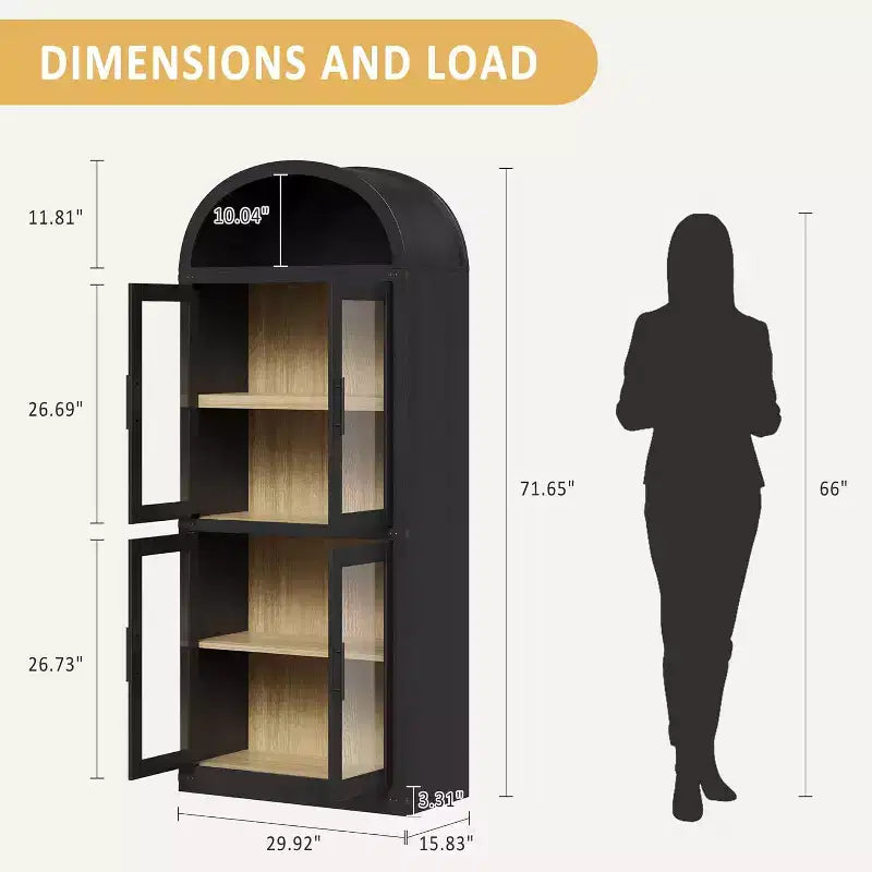 Bibliothèque en bois à arcades de 181 cm de haut avec portes, étagères arrondies style ferme pour salon, cuisine, bureau (noir)