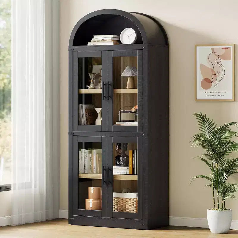 Bibliothèque en bois à arcades de 181 cm de haut avec portes, étagères arrondies style ferme pour salon, cuisine, bureau (noir)