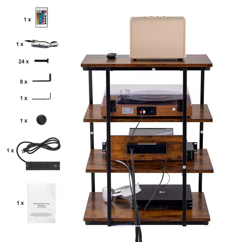 VEVOR 4-Tier AV Media Stand with Power Strips, Corner TV Stand with LED Lights, Height Adjustable Wooden Shelves for DVD Players, Brown