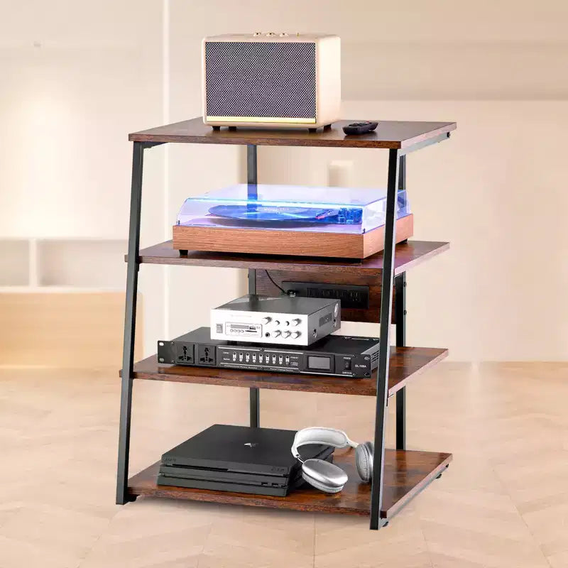 Meuble TV d'angle 4 niveaux avec multiprises et lumières LED, étagères en bois réglables en hauteur pour lecteurs DVD, marron