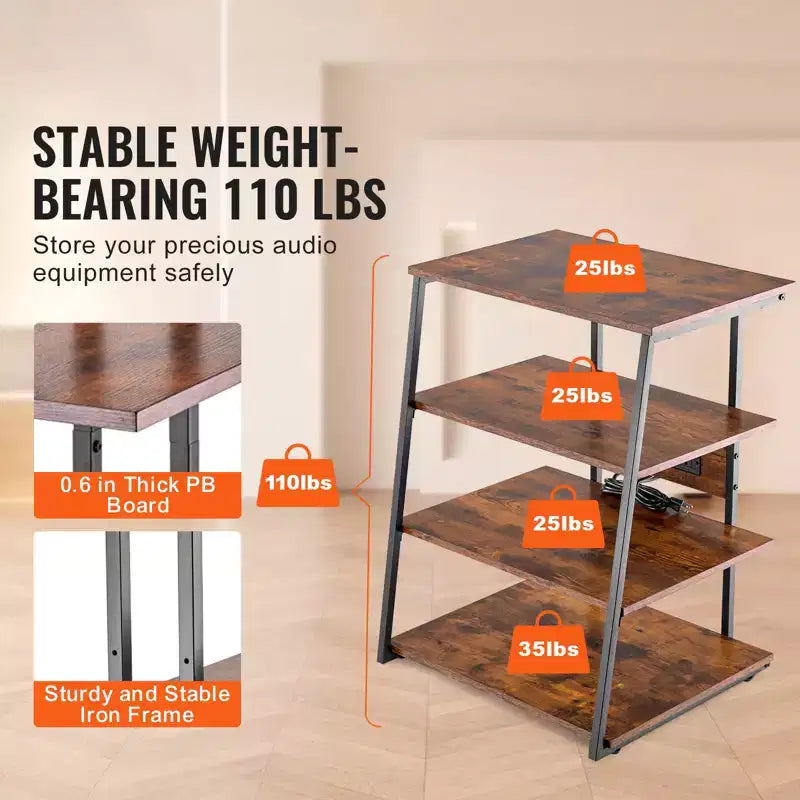 Meuble TV d'angle 4 niveaux avec multiprises et lumières LED, étagères en bois réglables en hauteur pour lecteurs DVD, marron