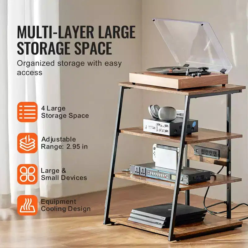 Meuble TV d'angle 4 niveaux avec multiprises et lumières LED, étagères en bois réglables en hauteur pour lecteurs DVD, marron