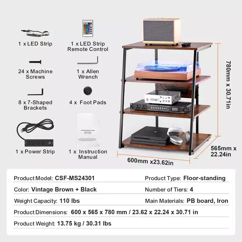 Meuble TV d'angle 4 niveaux avec multiprises et lumières LED, étagères en bois réglables en hauteur pour lecteurs DVD, marron