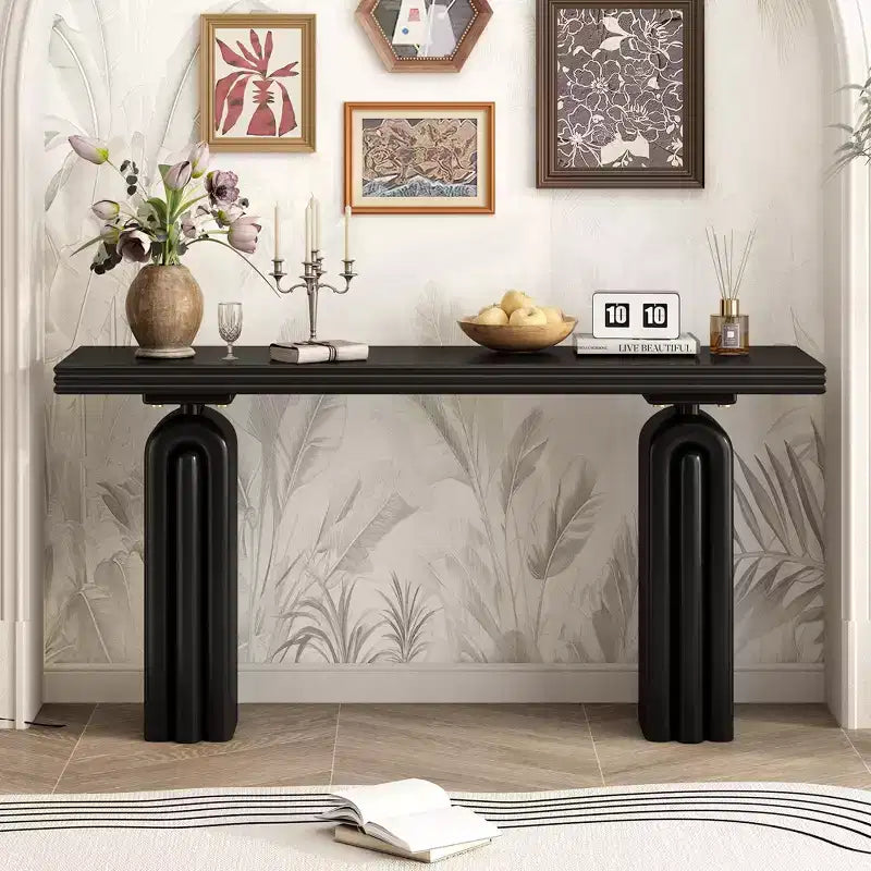 Console moderne avec pieds incurvés uniques, MDF et placage acacia, élégante table d'entrée/de canapé pour salon et couloir