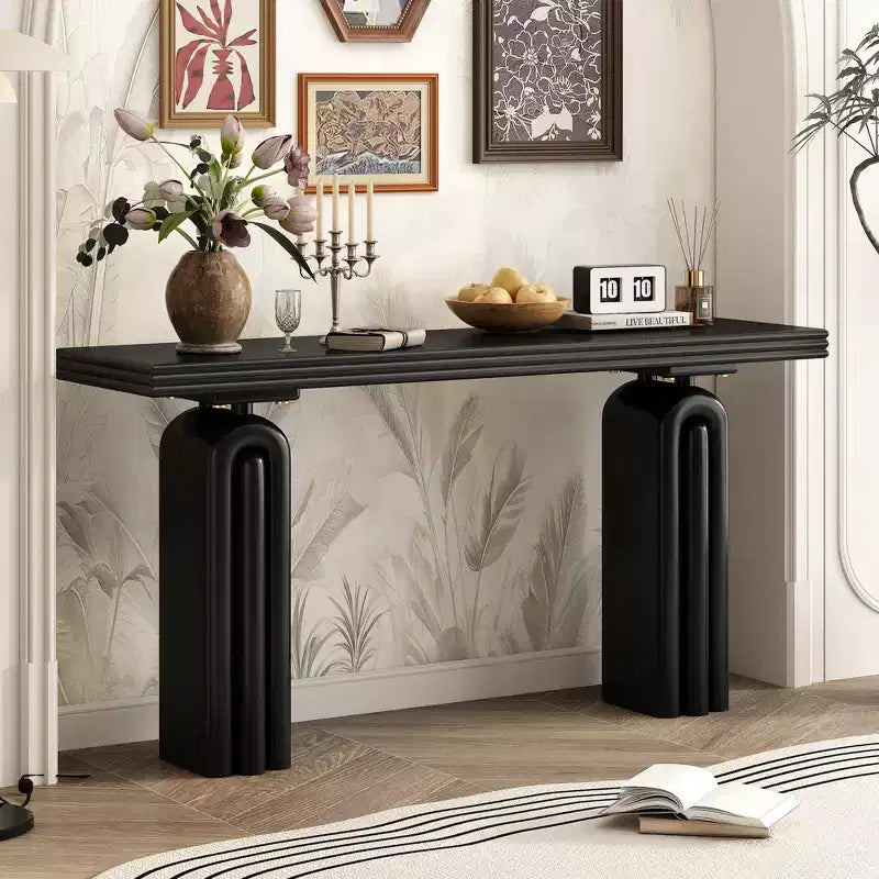 Console moderne avec pieds incurvés uniques, MDF et placage acacia, élégante table d'entrée/de canapé pour salon et couloir
