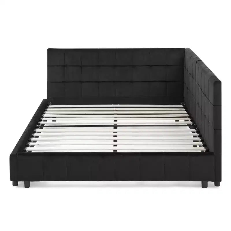 Lit de repos capitonné en forme de L pleine grandeur, Cadre de canapé-lit en velours touffeté avec dossier et accoudoirs