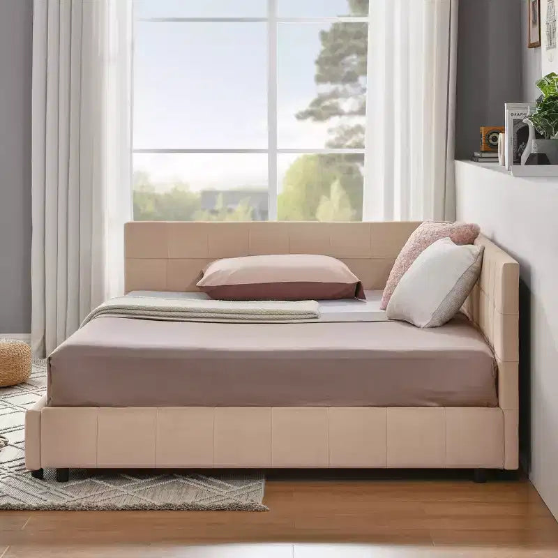 Lit de repos capitonné en forme de L pleine grandeur, Cadre de canapé-lit en velours touffeté avec dossier et accoudoirs