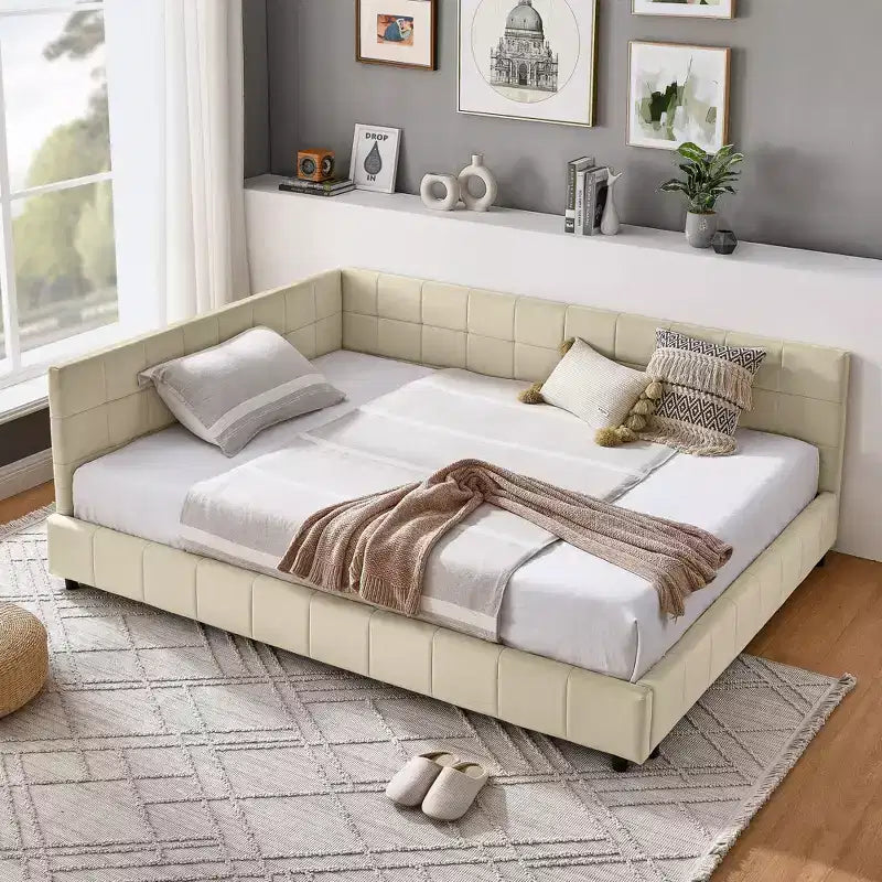 Full Size Upholstered L-Shaped Daybed, Tufted Velvet Sofa Bed Frame with Backrest & Armrests - ModernLuxe