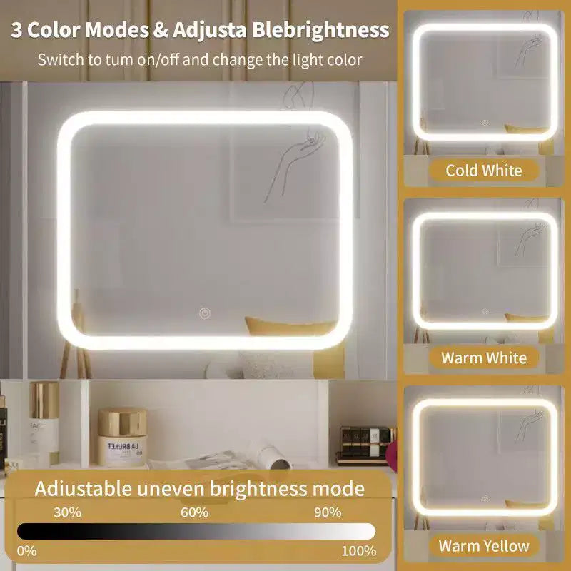 Grande coiffeuse avec 3 miroirs ouvrants et lumières LED