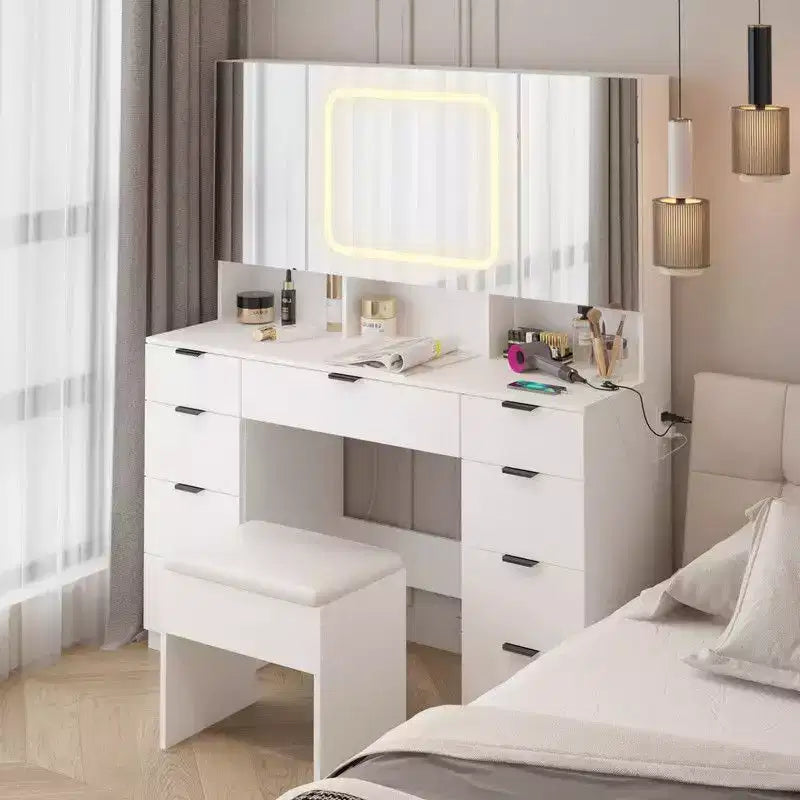 Grande coiffeuse avec 3 miroirs ouvrants et lumières LED