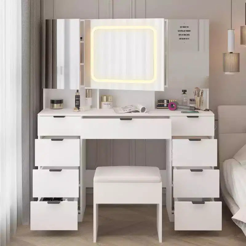 Grande coiffeuse avec 3 miroirs ouvrants et lumières LED