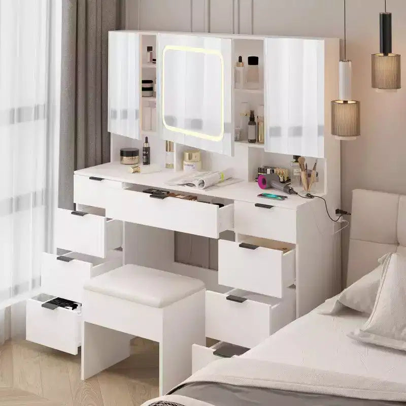 Grande coiffeuse avec 3 miroirs ouvrants et lumières LED