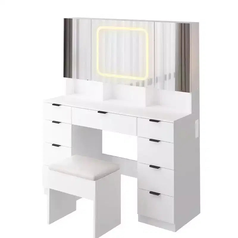 Grande coiffeuse avec 3 miroirs ouvrants et lumières LED
