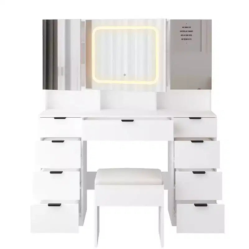 Grande coiffeuse avec 3 miroirs ouvrants et lumières LED